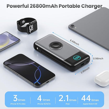 Portable Charger 26800mah for iPhone with Built-in Cables & AC Wall Plug,6-in-1 USB C Power Bank 5 Output Travel Essential,25W PD Fast Charging Battery Pack for iPhone17/16/15/14 Android,Apple Watch