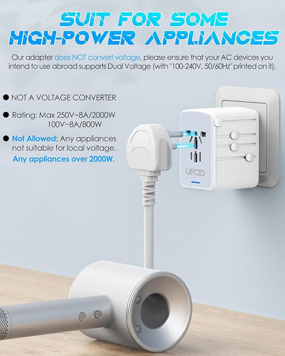 35W PD Universal Travel Adapter with 5 USB Ports and 2500W AC Outlets, PD Fast Charging International Plug Converter Travel Charger Multi Plugs All in One for EU US UK AUS 200+ Countries