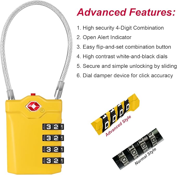 ZHEGE TSA Approved Cable Locks Flexible, Travel Lock Zipper Bag, 4 Digit Luggage Combination Lock with Open Alert Indicator for Suitcase, Backpack, Baggage (1 Pack, Yellow)