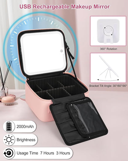 Relavel Initial Makeup Bag with LED Mirror for Women Girls, Personalized Travel Cosmetic Organizer Train Case, Birthday Gifts for Grandkids Bridesmaid Graduation Teacher Friends, Trendy Stuff, Pink K