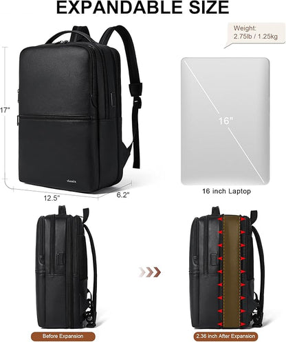 Shrrie Vegan Leather Laptop Backpack for Women&Men,16 Inch Expandable Backpack with USB Charging Port,Two-toned Black
