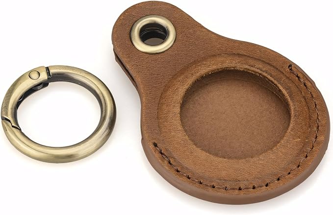 Genuine Leather AirTag Keyring Holder Compatible with Apple AirTags Keychain Cover, Anti Lost Secure Key Ring Case for Pet Collar Bags Luggage Tracking Travel, Protective Air Tag Key Chain Fob, Brown