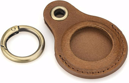 Genuine Leather AirTag Keyring Holder Compatible with Apple AirTags Keychain Cover, Anti Lost Secure Key Ring Case for Pet Collar Bags Luggage Tracking Travel, Protective Air Tag Key Chain Fob, Brown