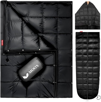 MOOX Down Camping Blanket Packable Backpacking Camping Quilt Outdoor Lightweight Warm Water Resistant Puffy Sleeping Bag Travel Hiking 55"x79" Waterproof Camp Throw Blanket, Black
