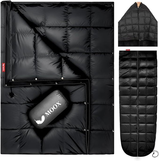 MOOX Down Camping Blanket Packable Backpacking Camping Quilt Outdoor Lightweight Warm Water Resistant Puffy Sleeping Bag Travel Hiking 55"x79" Waterproof Camp Throw Blanket, Black
