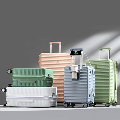 Hard Shell Suitcases Expandable Travel Luggage Sets 3 Piece, Carry on and Check in 3 Piece Luggage Suitcase Sets with Spinner Wheels Cup Holder Charger Built in (Interstellar Blue, 20/24/28)