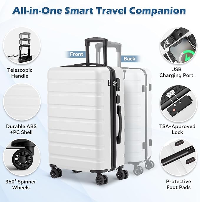 AnyZip Suitcase Hardside PC ABS Lightweight USB Luggage with Wheels TSA Lock Checked-Large 28 Inch White