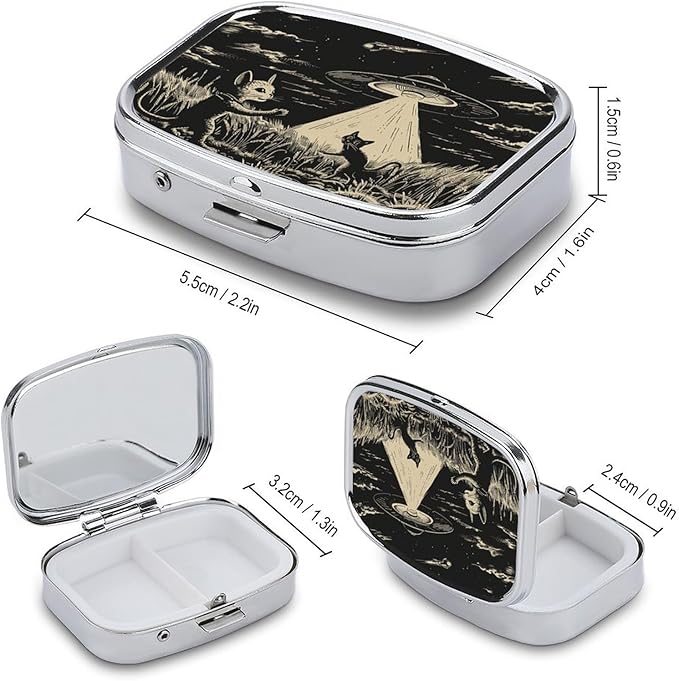 Metal 2 Compartment Pill Organizer Travel Friendly Portable Compact Pill Box Cute Pill Case,for Pocket Wallets Daily Portable Medicine Vitamin Tablet Storage (Mysterious cat)