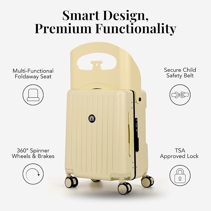 RAINRO & CO Butter Beige 20" Ride-On Carry-On Luggage for Kids & Adults with Built-In Seat, Spinner Wheels, and Secure TSA Lock – Durable Hardside Carry-On