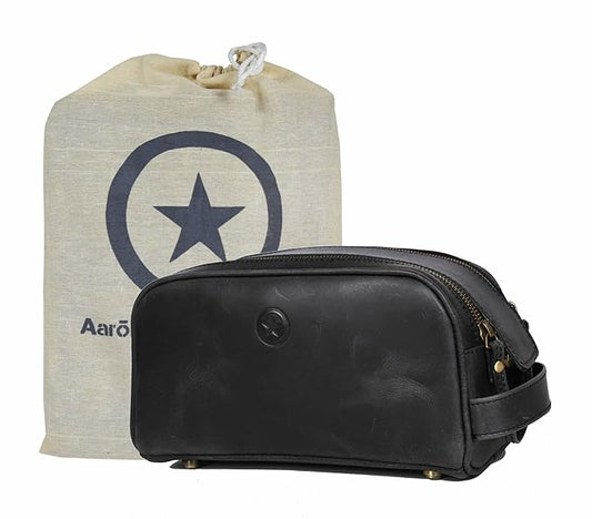 10" Premium Leather Toiletry Travel Pouch With Waterproof Lining Black Color | King-Size Handcrafted Vintage Shaving Kit By Aaron Leather Goods (Florida Black)