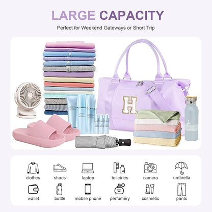 Dance Gym Duffel Bag for Teen Girls, Personalized Initial Travel Weekender Bag,Cute Overnight Carry On Duffle for Women,Sports Travel Cheer Bag,Monogram Christmas Gifts for Tween Preppy(purple-H)