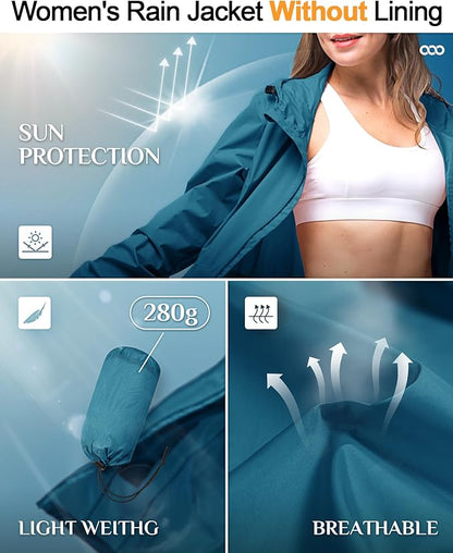 33,000ft Women's Waterproof Long Rain Coats Packable Rain Jacket with Hood Trench Coats Windbreaker