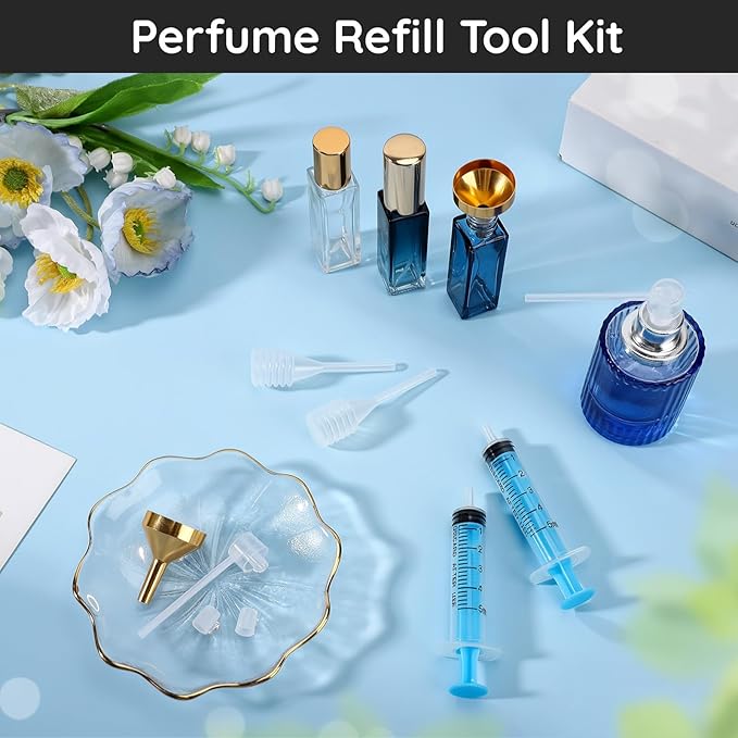 Segbeauty 8pcs 5ml Perfume Funnel Decanter kit, Professional Perfume Refill Tool Kit, Plastic Blue 0.17oz Cologne Making Supplies Transfer Pump Extractor Dropper Dispenser for Travel Cologne Atomizer