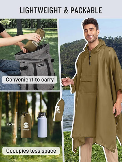 SaphiRose Extra Thick Hooded Rain Poncho Double Layer Waterproof Raincoat Jacket for Men Women Adults