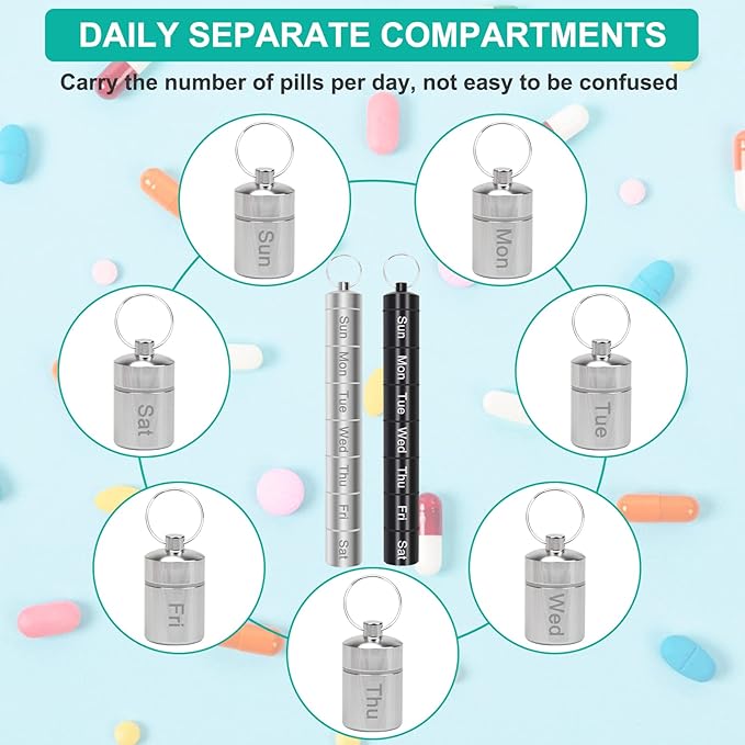 Small Portable Pill Case Keychain for Travel, AngleKai 2 Pack Pill Organizer Box, Waterproof Tablet Container Weekly Medicine Bottle Organizer (Black and Silver)
