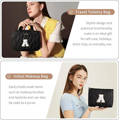 YOOLIFE Travel Toiletry Bag for Women - Hanging Toiletry Bag Initial Makeup Bag, Portable Toiletries Cosmetic Bag, Airplane Travel Essentials Black - E