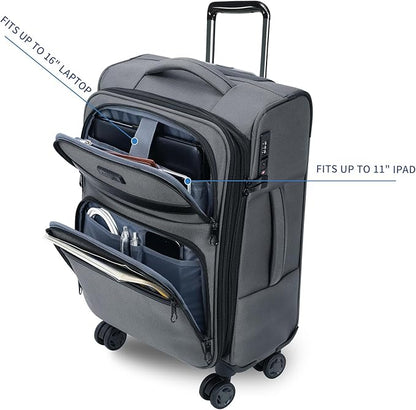 KROSER Softside Expandable Carry On Luggage with Front Business Pockets，20 Inch Suitcases with Spinner Wheels & Built-in TSA Lock, Durable Suitcase Rolling Luggage with USB Port, Grey