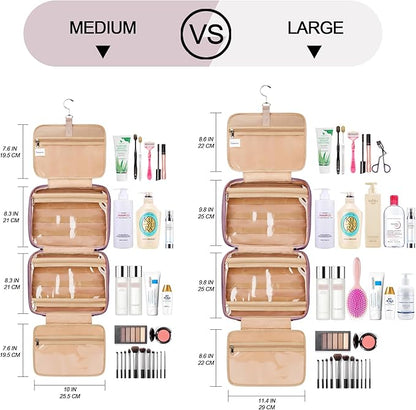 Travel Hanging Toiletry Bag for Women, Large Makeup Bag 8 Leak Proofing Silicone Bottle Covers, Waterproof Cosmetic Bag with Jewelry Organizer Compartment, Toiletries Kit Set, Purple
