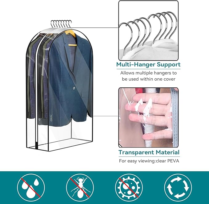 10” Gusseted Clear Garment Bags, 40” Hanging Suit Bags for Closet Storage - Protect Clothes, Suits, Coats, Dresses - 3 Pack (50 inch)
