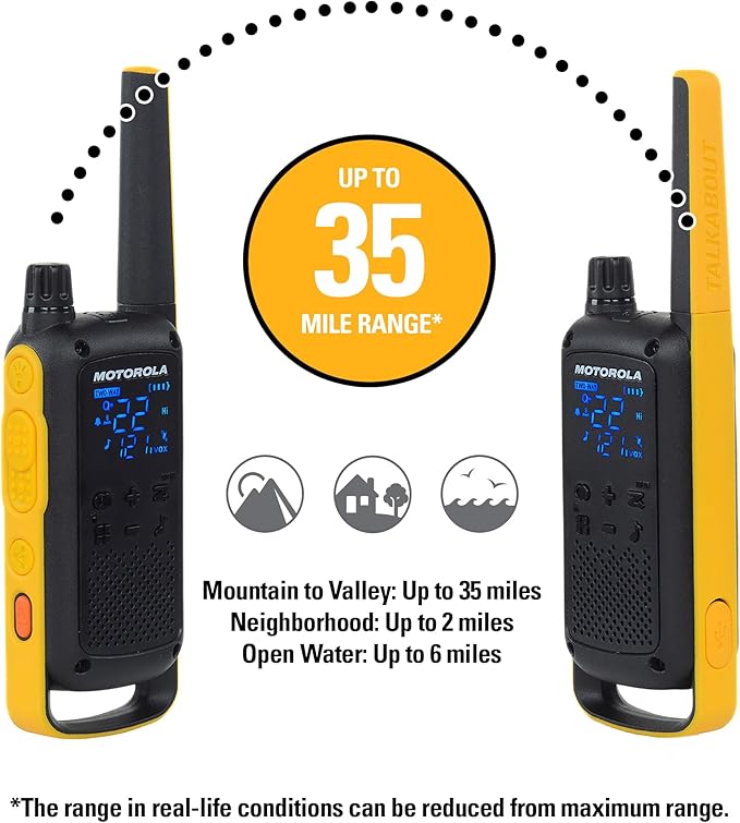 Motorola T470 Talkabout Two Way Radios, Long Range Emergency Rechargeable Waterproof Walkie Talkies 22 Channel, 35 Mile outdoor Black Yellow, 2 Pack