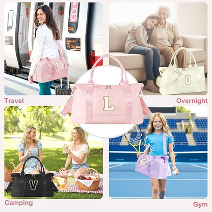 Dance Gym Duffel Bag for Teen Girls, Personalized Initial Travel Weekender Bag,Cute Overnight Carry On Duffle for Women,Sports Travel Cheer Bag,Monogram Christmas Gifts for Tween Preppy(pink-L)