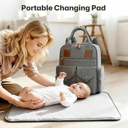 Diaper Bag Backpack - Large Diaper Bag with Portable Changing Pad as Baby Shower Gifts, Lightweight Waterproof Unisex Travel Baby Bag with 4 Insulated Pockets and Stroller Buckles, Dark Grey