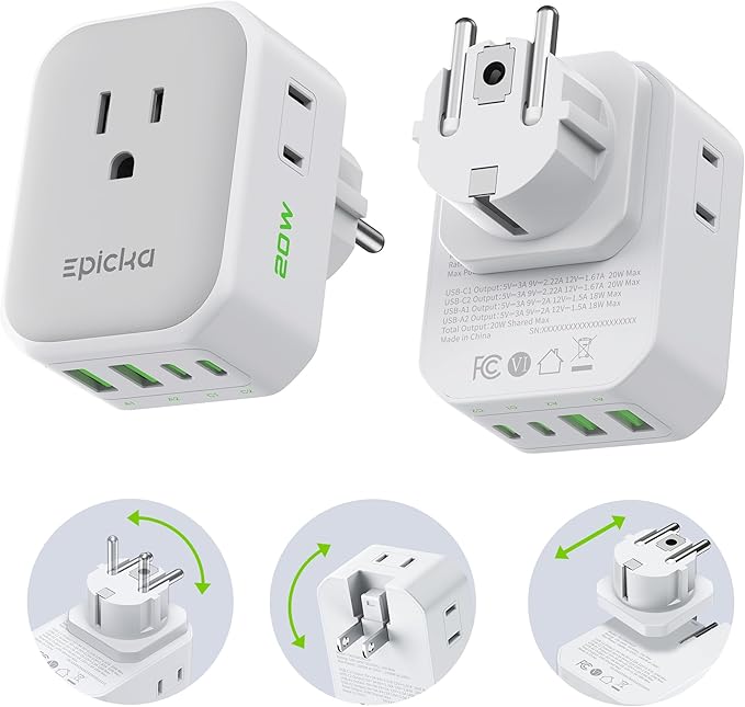 EPICKA Hybrid Travel Plug Adapter, 2 Packs Foldable & Detachable Type EF VisaPlug, 8-in-1 International Power Adapter with 4 USB Ports (2 USB-C PD 20W), Travel Essentials for US to German France