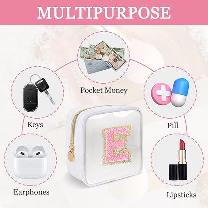 Mini Clear Personalized Initial Makeup Bag,Nylon Preppy A-Z Chenille Letter Patch Zipper Cosmetic Bag, Small Cute Beach Pouch Travel Purse Sanitary Napkin Storage Bag for Women Girls(White-Pink E)