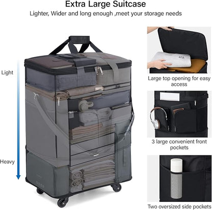 Hanke Expandable Collapsible Luggage with Wheels, Black Upgrade Version 2, 98L, Water-Resistant, 5 Spinner Wheels, 3 Pockets, Polyester, 19x13x27.2 inches, 6.1lb, Carry-On Luggage, Travel, Vacation
