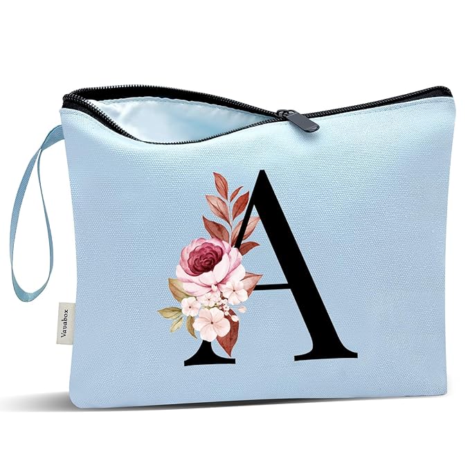 Vavabox A-Z Personalized Makeup Bag, Birthday Gifts for Women Mom, Gifts for Best Friend, Bride Bridesmaid Cosmetic bag (A, Blue)