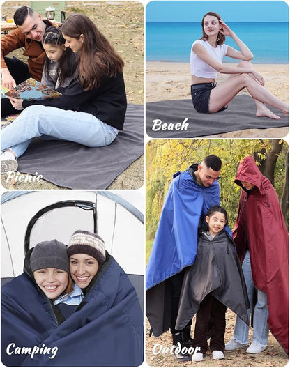 Outdoor Waterproof Camping Blanket - Hooded Fleece Windproof Blanket for Stadium, Sporting Events, Concert, Picnic, Car, Boat - Packable Camp Blanket for Cold Weather, Camping Gear Must Haves…