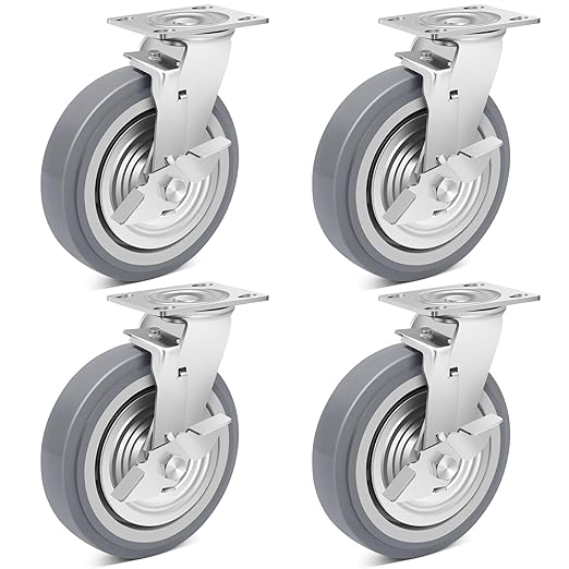 Nefish 8 Inch Heavy Duty Casters Wheels, Industrial Grade Thermoplastic Rubber Casters with Brake 6000 LBS, Ball Bearing Plate Swivel Castors Set of 4, Casters Wheels for Hand Truck, Industrial