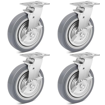 Nefish 8 Inch Heavy Duty Casters Wheels, Industrial Grade Thermoplastic Rubber Casters with Brake 6000 LBS, Ball Bearing Plate Swivel Castors Set of 4, Casters Wheels for Hand Truck, Industrial