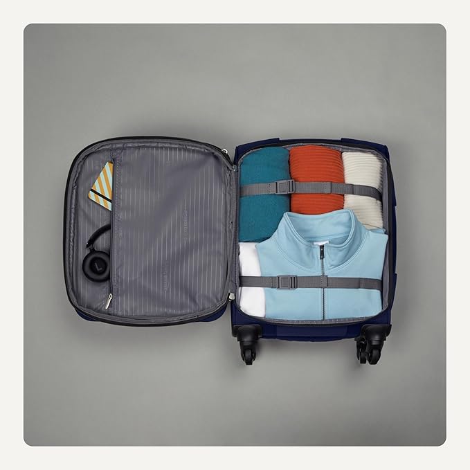 Amazon Basics Luggage, 18"Medium Carry-On Softside Suitcase With Wheels With Four 360-Degree Multi-directional Spinner Wheels Expandable Space Zippered Pocket and Straps Telescopic Handle Navy Blue