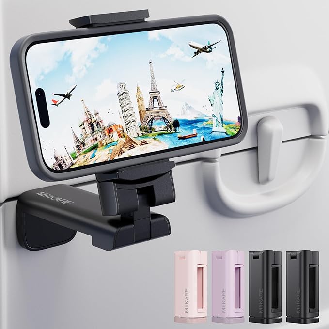 MiiKARE Travel Essentials Airplane Phone Holder, Universal Handsfree Phone Mount for Flying with 360 Degree Rotation, Travel Must Haves Phone Stand for Desk, Tray Table, Black&Black&Pink&Purple