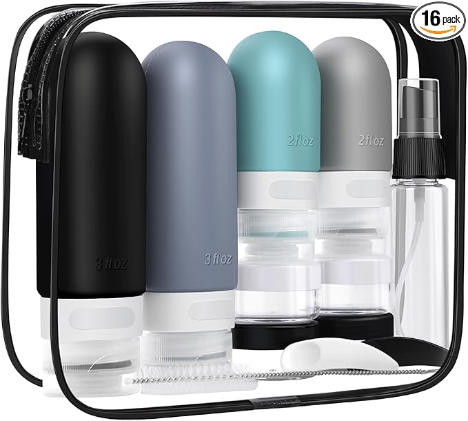 Travel Bottles Set for Toiletries, TSA Approved Travel Containers Leak Proof Silicone Squeezable Travel Accessories 2oz 3oz for Shampoo Conditioner Lotion Body Wash (Black)