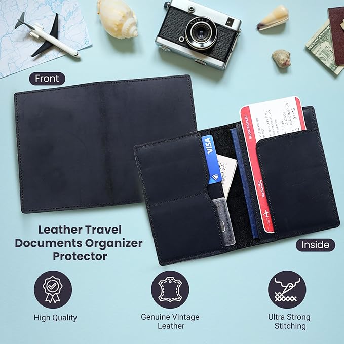 Leather Passport Holder with Travel Wallet, Genuine Leather Passport Cover- Passport Wallet, Leather Folding Wallet for Passports (Straight Cut, Black)
