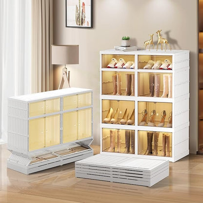 4-Tier Foldable Shoe Rack Organizer for Closet 16Pairs Plastic Collapsible Shoes Storage Box Clear Shoe Boxes Stackable with Door Easy Assembly Shoe Cabinet Bins with Lids Large