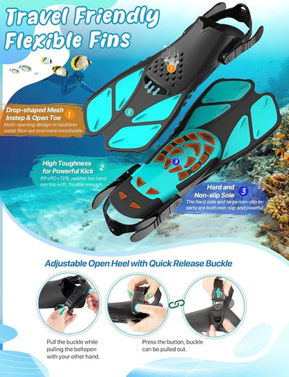 Zenoplige Mask Fins Snorkel Set, Snorkeling Gear for Adults, Panoramic View Snorkel Mask Anti-Fog, Adjustable Dive Flippers, Dry Top Snorkel and Travel Bag, Scuba Gear for Swimming Snorkeling Diving
