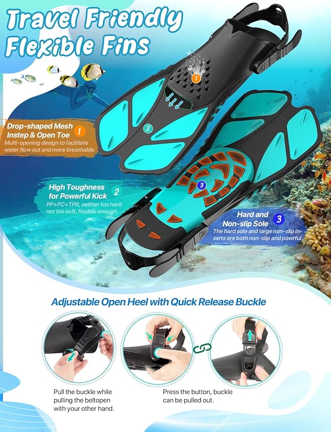Zenoplige Mask Fins Snorkel Set, Snorkeling Gear for Adults, Panoramic View Snorkel Mask Anti-Fog, Adjustable Dive Flippers, Dry Top Snorkel and Travel Bag, Scuba Gear for Swimming Snorkeling Diving