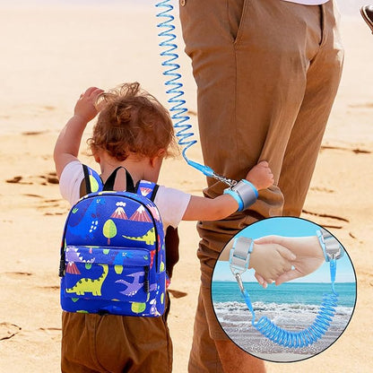 Accmor Toddler Backpack Leash with Anti Lost Wrist Link, Cute Mini Child Walking Harnesses Keep Kids Close Back Pack Rope Tether Rein for Baby Boys (Blue/Dino)
