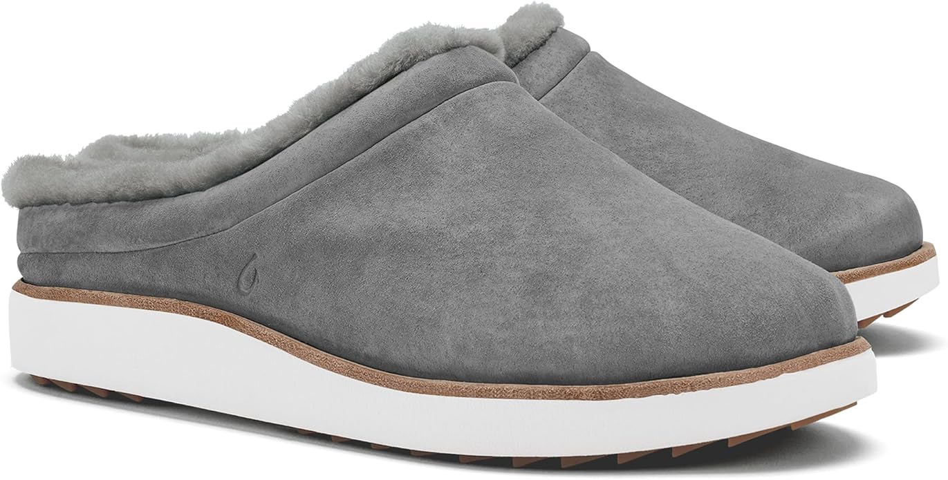 OLUKAI Mani Women's Leather Mule Slippers, Soft & Comfortable Slippers with Fleece Lining, Thick Rubber Outsole, All-Day Wear