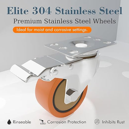 3 Inch 304 Stainless Steel Caster Wheels with Brake, Set of 2, 360° Swivel Rust-Resistant Industrial Casters for Kitchen, Restaurant, Lab, Hospital, Furniture, Workbench