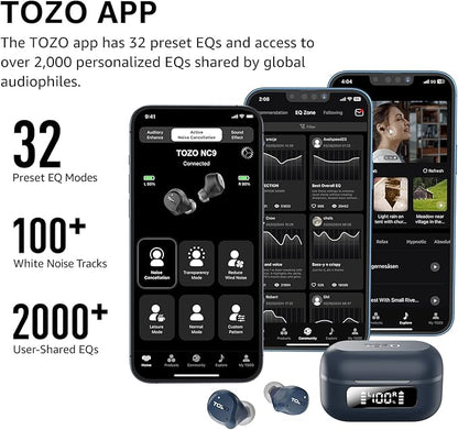 TOZO NC9 Hybrid Active Noise Cancelling Wireless Earbuds, 6 Mics ENC Clear Call, IPX8 Waterproof, in Ear Bluetooth 5.3 Headphones Stereo Bass Ear Buds 59H Playtime with LED Display 32 EQs via APP