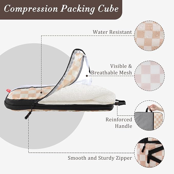 U+U 10 Set Compression Packing Cubes - Ultralight Travel Organizers with Laundry Bag and Cosmetic Bag, Space-Saving Suitcase Organizer for Travel, Business Trip and Family Vacation (Khaki Checkered)