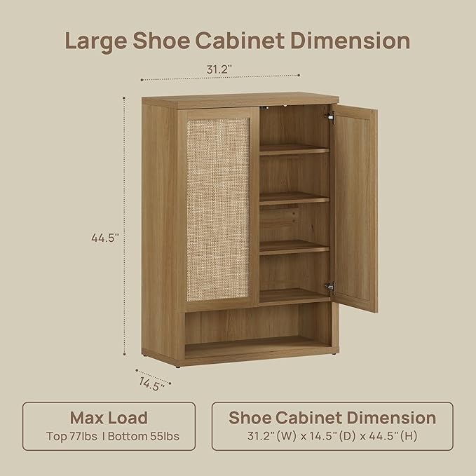 SICOTAS Rattan Shoe Storage Cabinet - Modular Shoe Cabinets with Door Tall Large Shoe Cabinet Storage for Entryway - 31.2" Wide Modular Cabinet for Hallway, Living Room