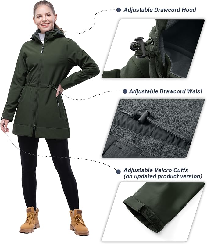 Outdoor Ventures Women's Softshell Jacket with Removable Hood Fleece Lined Windbreaker Insulated Long Warm Rain Jacket