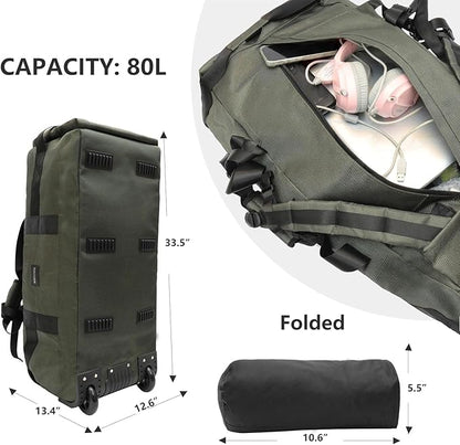 80L Rolling Duffle Bag with Wheels - Heavy-Duty 33.5" Foldable Duffel, Water-Resistant Wheeled Luggage with Shoulder Straps for Camping, Gym, Airplane(Green)
