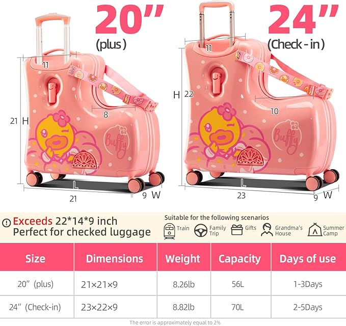 Kids' Lightweight Ride on Luggage with Spinner Wheels & Foldabe Design (Pink Donut, 24"+ Aged 3-12 Toddler), Birthday Gift