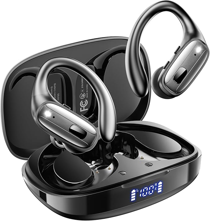 Wireless Earbuds, Sports Bluetooth 5.4 Headphones, Ear Buds with ENC Noise Canceling Mic, 80Hr Playtime Earphones, Palm-Sized, LED Power Display, IPX7 Waterproof Headset for Workout Running, Black
